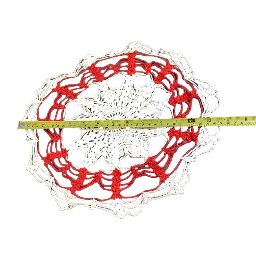 Handmade Doily Crochet Tablecloth  Round Red & White Elegant Table Mat Décor H - Picture 4 of 5